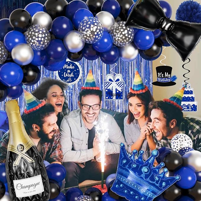 Ouddy Life 91Pcs Blue and Black Happy Birthday Decorations for Men with Happy Birthday Banner Confetti Foil Balloons Fringe Curtain Hanging Swirl for 21st, 25th, 27th 40th Birthday Party Supplies