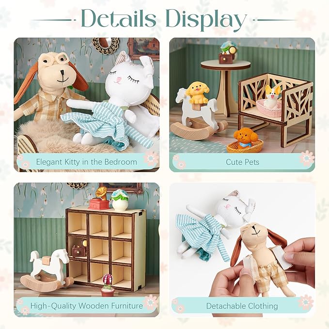 Portable Dollhouse Suitcase for Ages 3-8, Foldable Bedroom Playset with 21 Wooden Furniture, Cute Animal Dolls & Accessories, Travel-Friendly Pretend Play Toy
