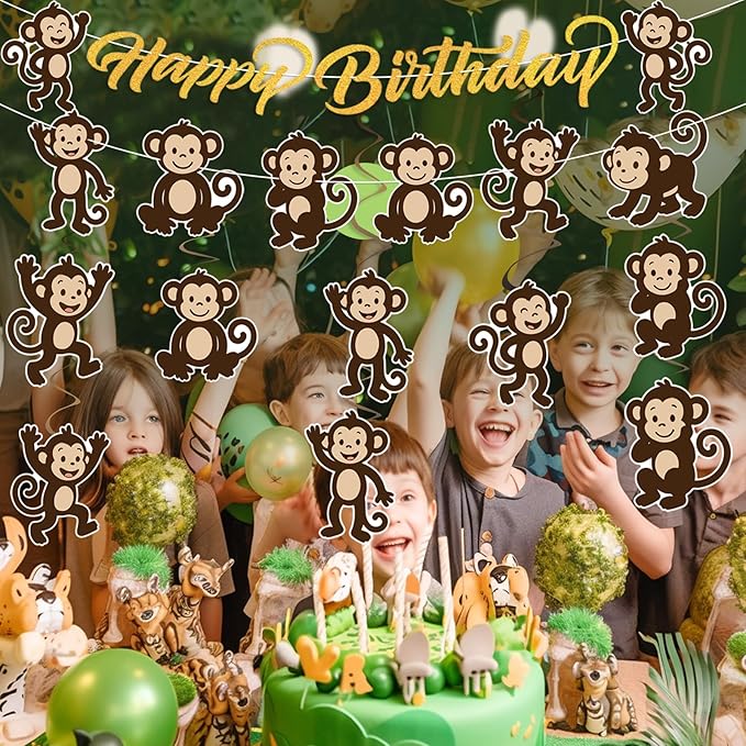 Monkey Birthday Party Decorations Jungle Theme Party Supplies Monkey Happy Birthday Banner Sign Monkey Hanging Cutouts Swirls for Boys Girls Safari Wild Animals Party Baby Shower Favors Decor