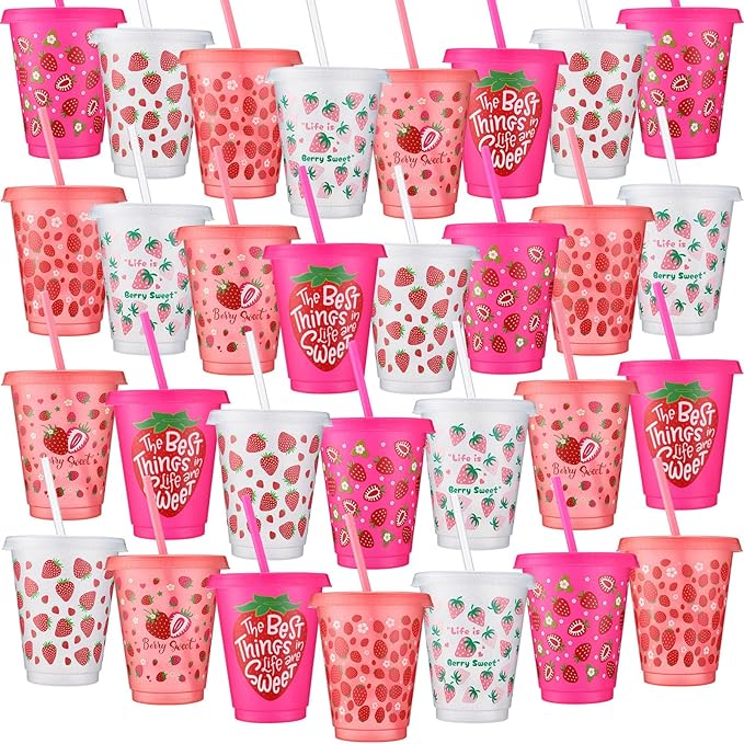 Sieral 30 Pcs Strawberry Cups with Straws and Lids 16 oz Cute Strawberry Cups Pink Clear Plastic Tumblers Reusable Iced Coffee Travel Mug for Sport Theme Party Supplies Decorations