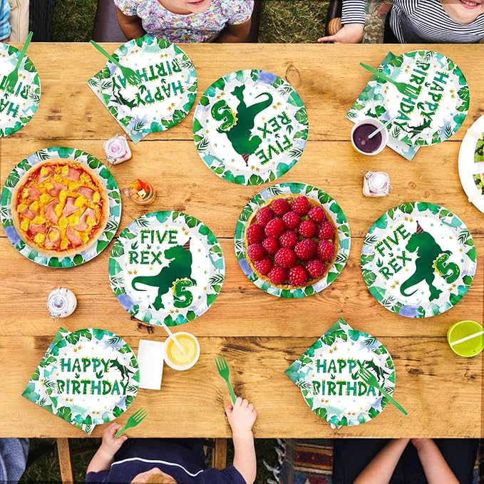 Grencian 96 Pcs Dinosaur 5th Birthday Decorations Five Rex Plates and Napkins 5 Years Old Dinosaur Party Supplies Roar I’m Five Dino Tableware Set for Boys Kids Dino Themed Party Favors Serves 24