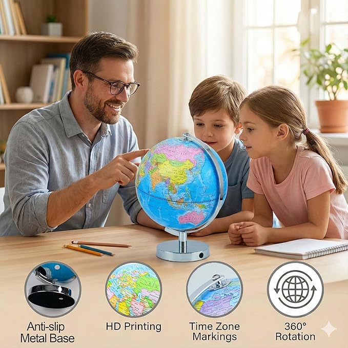 3-in-1 Illuminated World Globe for Children and Adults with Constellation Map, Color Changing Lamp for Learning & Education, Night Light for Kids Room and Desk Decor