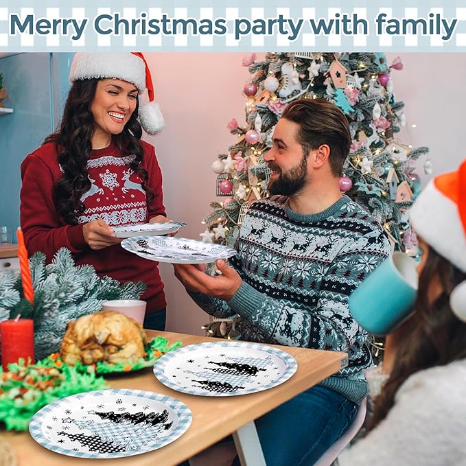60 Pcs Blue Christmas Paper Plates 9 Inch Xmas Buffalo Plaid Gingham Tree Snowflake Disposable Plates Merry Christmas Tree Themed Tableware for Holiday Xmas Winter Party Decorations Supplies