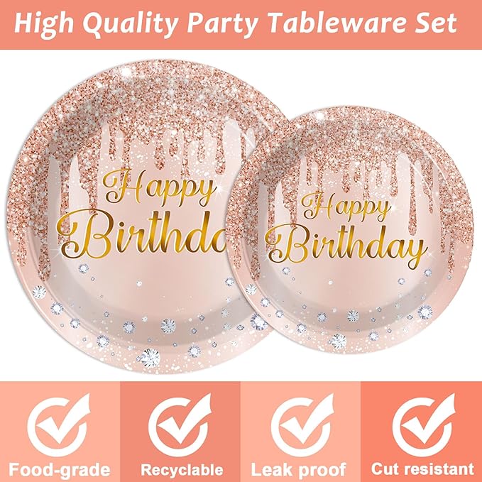 ZOIIWA 96 Pieces Happy Birthday Tableware Set for Pink Rose Gold Table Decorations Supplies Dessert Plates Napkins Forks Women 24 Guests Disposable Party Favors