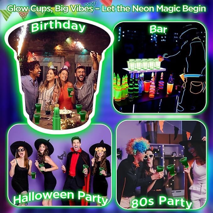 LemonRoad 50 Pack Blacklight Party Glow Cups 16 oz Plastic Neon Cups Disposable Glow in the Dark for Parties Birthdays 80s Themed Events (Green)