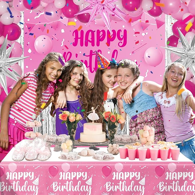 Hot Pink Birthday Decorations for Women Girls, 85pcs Happy Birthday Decor Silver Party Decoration Foil Star Balloons Curtains Banner Tablecloth Light Pink Party Supplies 13th 16th 18th 21st