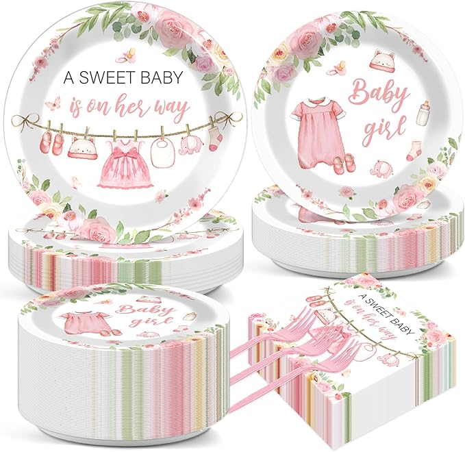 200Pcs Floral Baby Girl Shower Plates and Napkins Decoration Pink Girl Party Tableware Dinnerware Set Spring Rose Gold Paper Plates for Baby Gender Reveal Party Supplies Serves 50