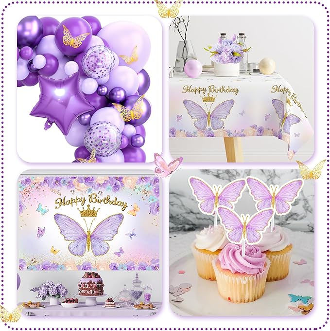 Purple Balloon Arch Kit with Foil Butterfly Balloons, Happy Birthday Backdrop & Tablecloth Decorations for Girl's Party