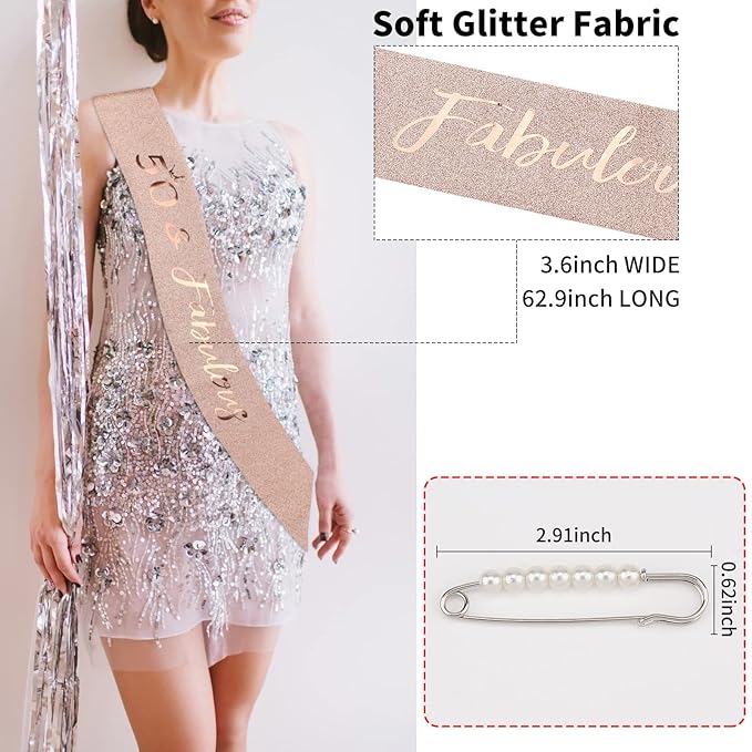CIEHER 50th Birthday Crown + 50 & Fabulous Sash + Pearl Pin Set, 50th Birthday Gifts for Women Friends 50 Bday Decorations Women