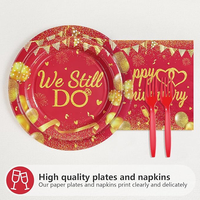 96Pcs Happy Anniversary Party Supplies Red Gold Wedding Plates and Napkins We Still Do Tableware Set for Men Women 40th 50th 60th Wedding Anniversary Party Supplies，Serves 24