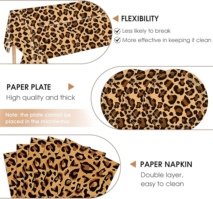 41Pcs Cheetah Print Party Decorations Leopard Animal Theme Tableware Include Dinner Dessert Plates,Napkin,Tablecloth丨Baby Shower Safari Animal Leopard Themed Birthday Party Decor Supplies | Serves 20