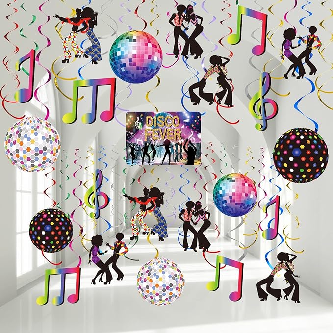 Dianelhall 53 Pieces 70s Disco Party Decorations Disco Ball Hanging Swirls Ceiling Decor for Retro Fever 70's Boogie 1970s Birthday Hippie Party Favors