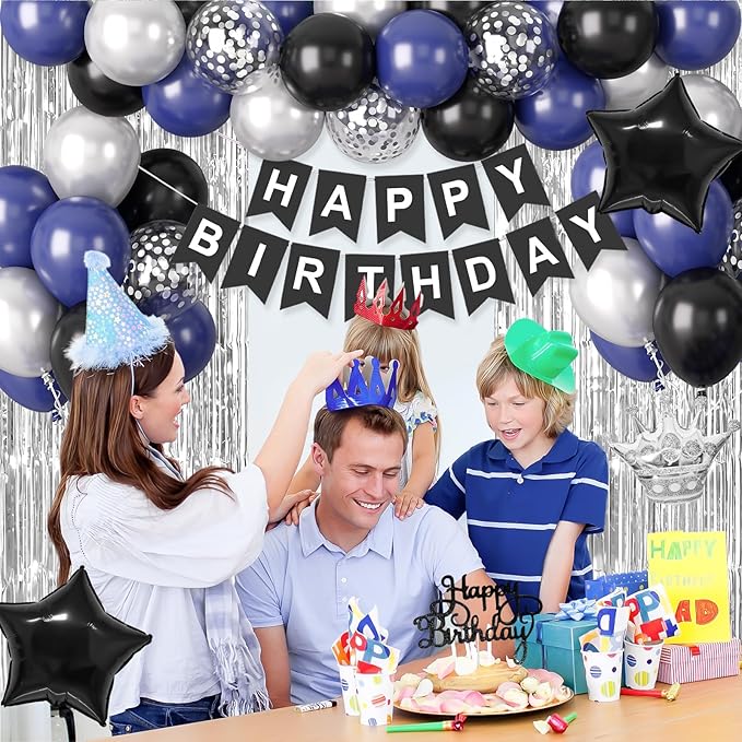 Navy Blue and Black Happy Birthday Decorations for Men, Birthday Decorations Supplies with Blue Black Balloon Banner Fringe Curtains Foil Balloons Cake Topper for Men Boys Party Decor