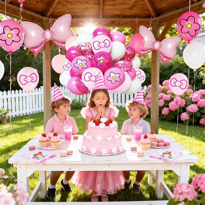 Pink Balloon 64Pcs 12 Inch，Cute Bow Flower Print Balloons for Cartoon Themed Birthday Party Decorations Boys Girls Gatherings Party Supplies