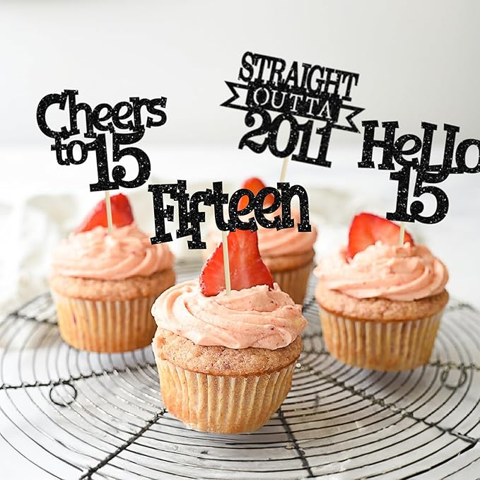 Ephlyn 24Pcs 15th Birthday Cupcake Toppers Glitter Straight Outta 2011 Cupcake Picks Hello 15 Cheers to 15 Years Cake Decorations for 15th Birthday Anniversary Party Decorations Supplies Black