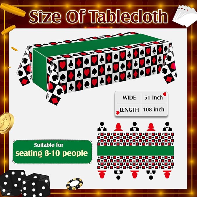 Hosuly 3 Pcs Casino Theme Party Decorations Poker Tablecloth Poker Plastic Disposable Table Cover Casino Theme Tablecloth for Game Birthday Playing Card Party Picnic Supplies, 51 x 108 Inch (Green)