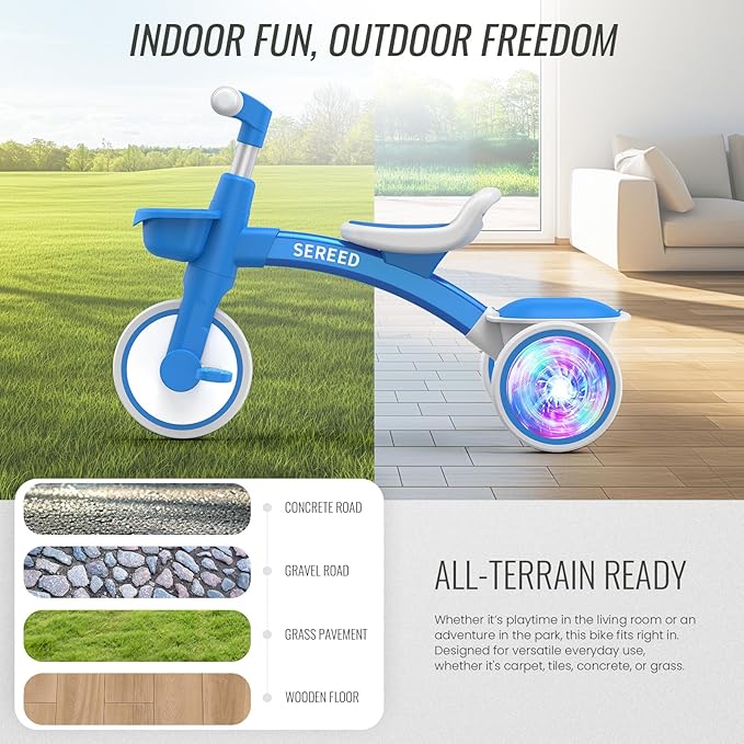 SEREED Colorful Lighting Toddler Tricycle for 2-5 Years Old Boys Girls, Adjustable Seat&Handlebar Trike, Removable Basket, Birthday Gift Idea for Kids Ages 2+ (Blue)