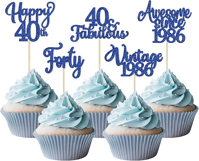 Ephlyn 30Pcs Happy 40th Birthday Cupcake Toppers Glitter Forty Vintage 1986 Cupcake Picks Cheers to 40 Fabulous Cake Decorations for 40th Birthday Wedding Anniversary Party Supplies Dark Blue