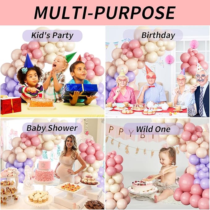 Purple Pink Balloon Garland Arch Kit Nude White Double Stuffed Balloons Cream Blush White Sand Latex Balloons Peach Pastel Light Purple Dusty Pink Balloon Birthday Party Decoration Boho Wedding