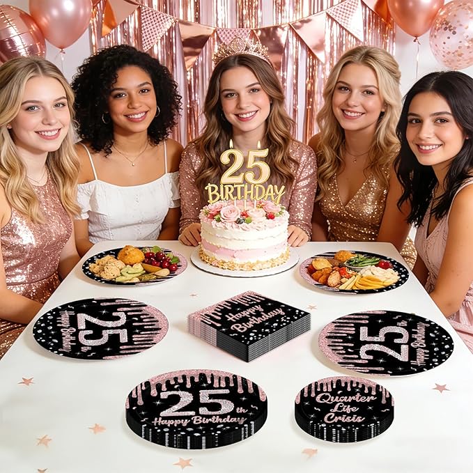 96 Pcs 25th Birthday Party Decorations Rose Gold and Black Happy 25th Birthday Paper Plates and Napkins Quarter Life Crisis Birthday Decorations for Women 25 Years Old Party Supplies Serves 24