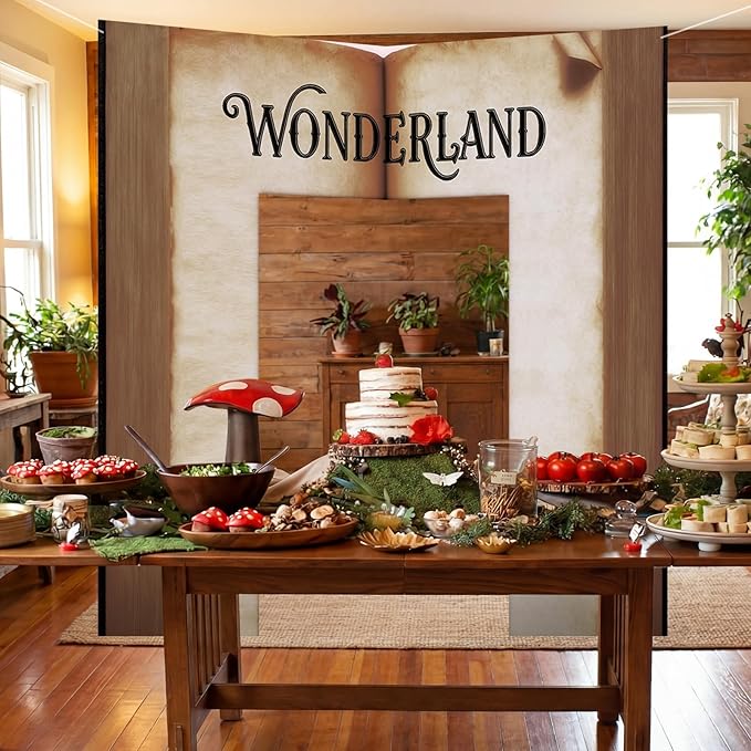Preboun Wonderland Tea Party Decoration 6.56 x 7.22 ft Magic Book Door Banner Fairy Tale Themed Curtain Photo Props Background for Birthday Baby Shower Tea Party Supplies
