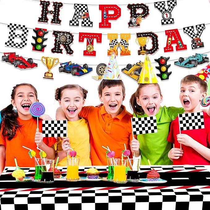 Race Car Party Decor Kit - Happy Birthday Banner, Tablecloths for Race Car Birthday or Baby Shower - 54 x 108 Inch