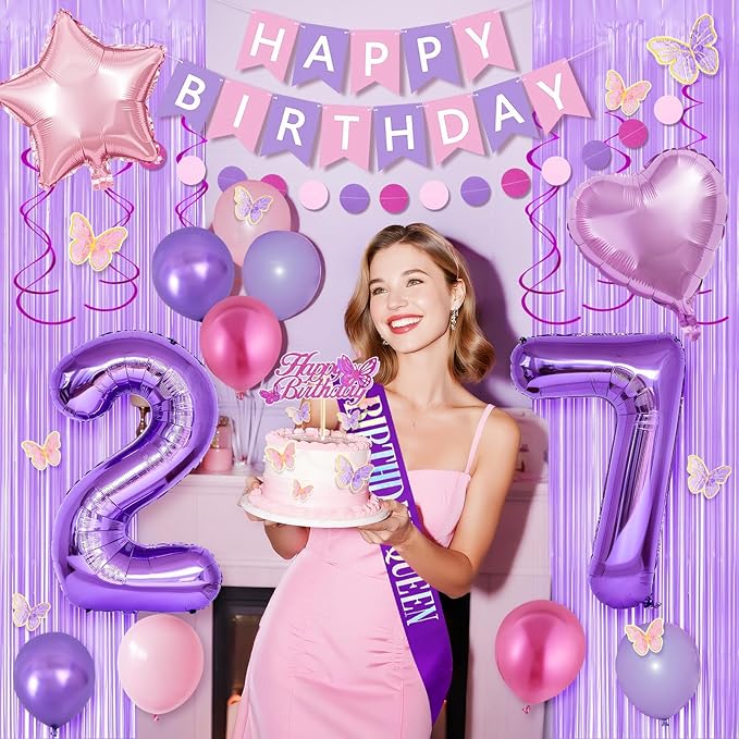 27th Purple Birthday Decorations for Women, Pink and Purple Happy 27 Birthday Party Decorations with Happy Birthday Banner, Number Foil Balloons, Butterfly Cake Topper for 27th Party Supplies