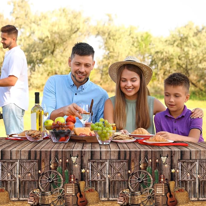 Tiamon 1 Pcs Western Party Tablecloth Western Cowboy Party Table Cover Cowboy Theme Plastic Tablecloth Wild West Wooden House Table Cover for Birthday Supplies