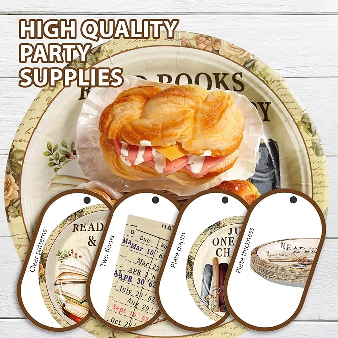 Grencian 96Pcs Book Theme Party Decorations Vintage Book Plates and Napkins Disposable Books Club Paper Tableware Set for Books Club Library Reading Theme Birthday Party Supplies, Serves 24