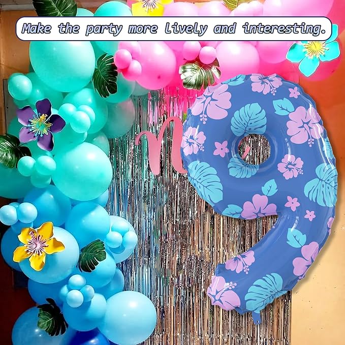 40 Inch Number 9 Balloon Leaf and Flower Birthday，9th Birthday Decorations for Kids' Parties Hawaii Party Supplies Favor Pink and Blue