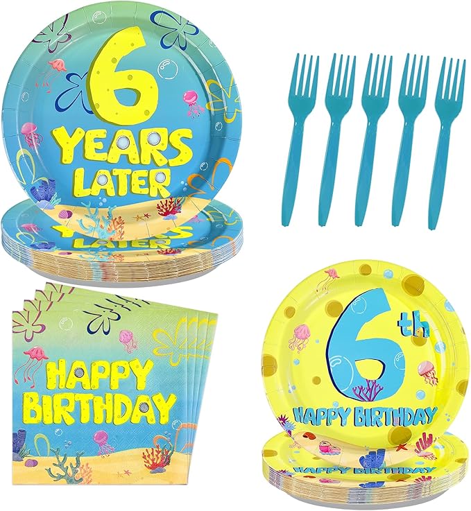 96Pcs Yellow Cartoon Party Supplies 6th Birthday Plates and Napkins Blue Yellow Ocean Disposable Paper Tableware for adults Underwater Birthday Party Supplies Serves 24
