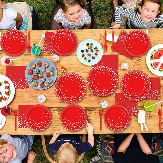 gisgfim 96Pcs Red and Silver Party Paper Plates and Napkins Party Supplies Silver Dot on Red Birthday Tableware Glitter Decoration Favors for Birthday Baby Shower Serves 24