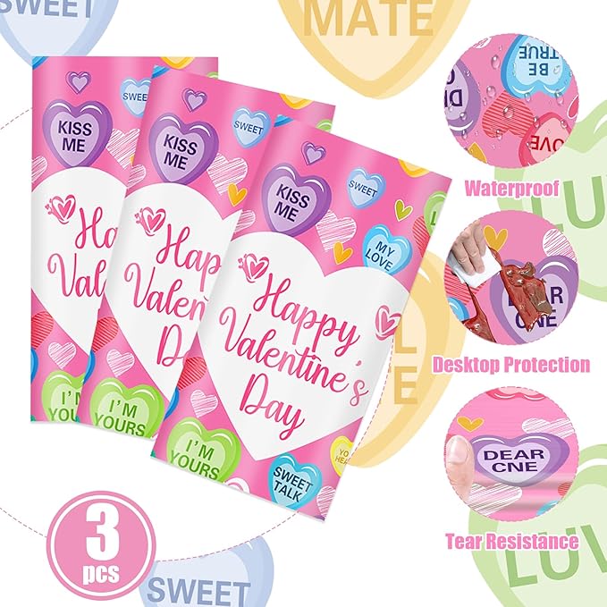 3Pcs Valentines Day Tablecloth, 54 x 108 Inch Conversation Hearts Plastic Table Cover, Pink Heart Tablecloth for Wedding Anniversary, Valentines Day Decorations