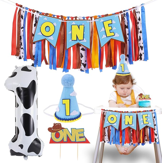 Cartoon Toy Highchair Banner for Baby First Birthday Party Decorations Blue Sky With Clouds High Chair Tassel Banner for Boys Girls Western Cowboy 1st Birthday Photo Props Backdrop Decoration