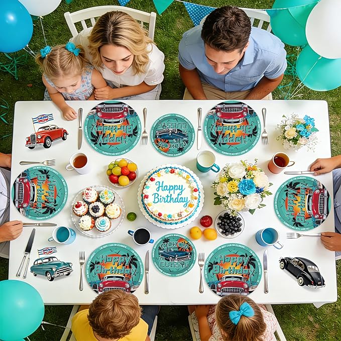 96Pcs Classic Car Birthday Decorations Red Blue Green Vintage Car Plates and Napkins I am Not Old I am Classic Decorations Favors for Men Birthday Retro Cars Theme Party Supplies Serves 24