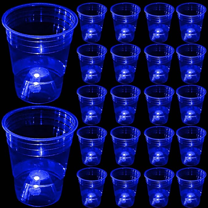 Glow in The Dark Blue Party Cups 40 Pack (16 oz) - LED Light Up Plastic Cups for Birthday Weddings Pool Parties Beach Decorations, Reusable Drinking Cups for Club Events & Nightlife Supplies