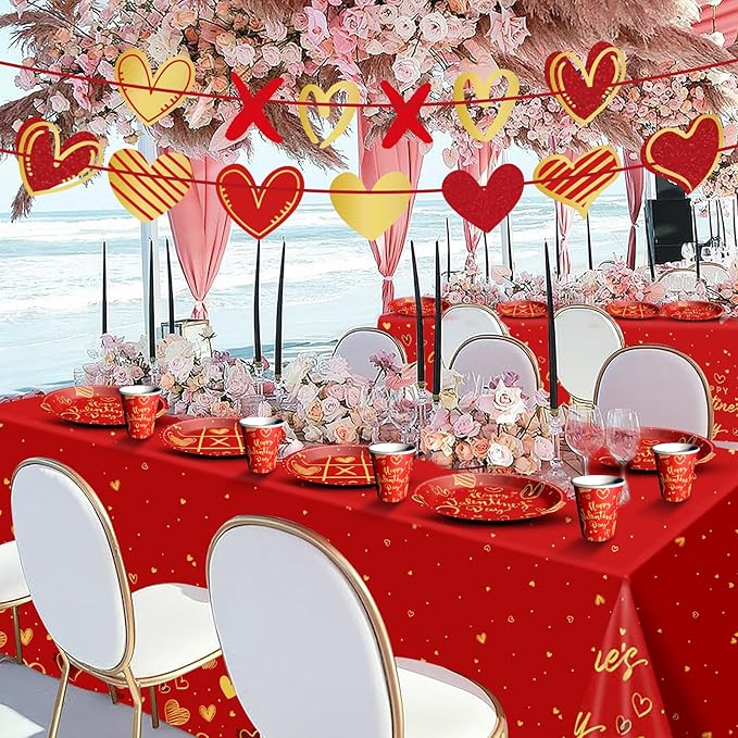 Valentine's Day Party Supplies Tableware Set Red Heart Love Paper Plates Napkins Cups Tablecloth Banner for Valentine's Day Party Decorations, Serves 24
