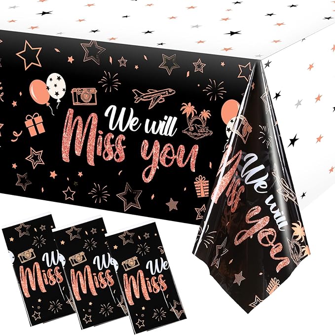 Tatuo 3 Pieces We Will Miss You Tablecloth Going Away Party Decorations Retirement Themed Table Cover Stars Disposable Plastic Table Cloth for Farewell Anniversary Party Supplies (Rose)