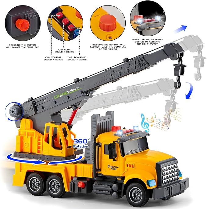 Large Crane Truck Toys for 3 4 5 6 7 8 Year Old Boys, Truck with Loading Crane,Lights and Sounds Vehicles Toy for Kids Childs Toddlers Christmas Birthday Gift