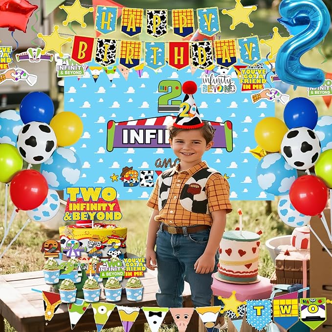 METIXOZE Two Infinity and Beyond Birthday Decorations Blue Clouds Cartoon Story 2nd Birthday Party Supplies include Backdrop Crown Cake Cupcake Toppers Hanging Swirls Two Banner Balloons Tablecloth