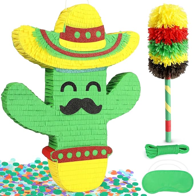 Cactus Pinata for Cinco De Mayo Fiesta Party Decorations, Large 21" Mexican Theme Paper Mache Pinata for Birthday, Taco Bout A Party, Luau Event, Carnival Game Centerpiece with Fillers Support
