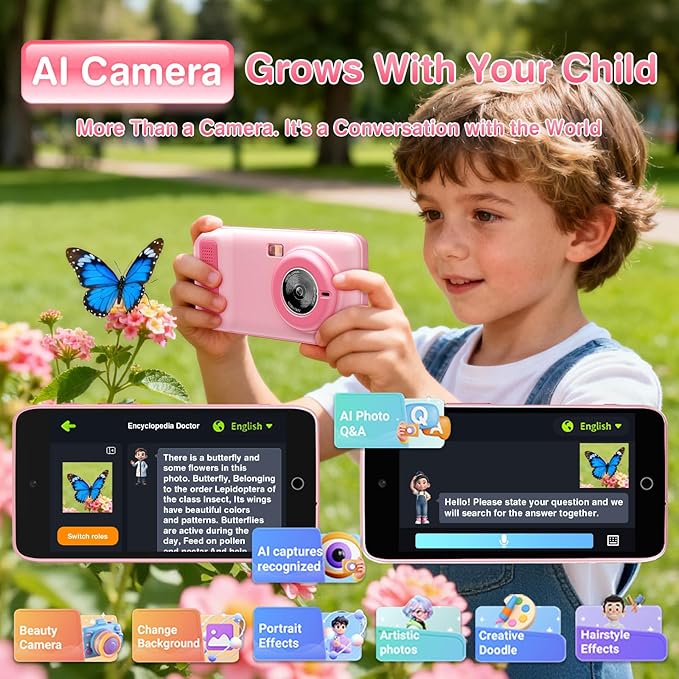 AI Digital Camera for Kids with WiFi, Photo Recognition & Voice Dialogue, 4" Touch Screen AI Kids Smart Camera with Dual Lens, Portable Learning Toy, Christmas Birthday Gift for Ages 3-15 (Pink)