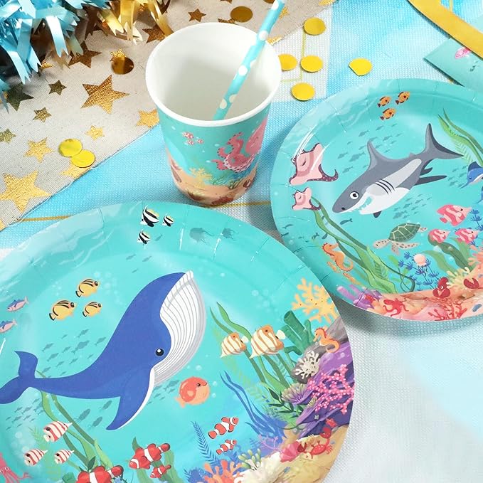 Under the Sea Birthday Party Supplies Decorations, Ocean Theme Paper Plates and Napkins Set for 24 Guests, 120 Pcs Disposable Sea Animals Party Dessert Dinnerwares