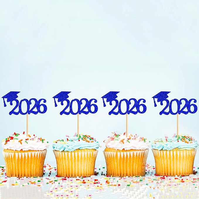 24 Pcs graduation cupcake toppers 2026, Food/Appetizer Picks For Graduation Party Mini Cake Decorations, 2026, Cupcake Toppers(Blue)