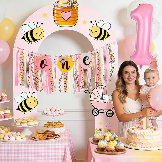 Bee Theme Highchair Banner for Baby First Birthday Party Decorations Pink Happy 1st Bee Day High Chair Tassel Garland for Girls Bumble Bee One Birthday Photo Props Backdrop Decor with Cake Topper