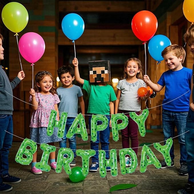 Green Pixel Miner Theme Happy Birthday Balloons Banner 16 Inch Letters, Inflatable Party Decor and Birthday Decorations for Women, Men, Boys & Girls Kids and Adults, Party Supplies