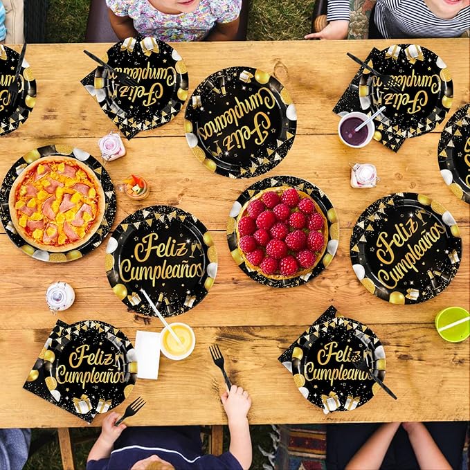 96Pcs Black and Gold Birthday Party Supplies Feliz Cumpleaños Gold Glitter Plates and Napkins Feliz Cumpleaños Happy Birthday Tableware Set for Men Women Spanish Party Decorations Serves 24