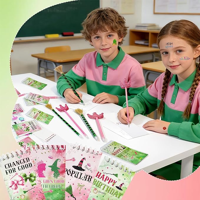 48Pcs Pink and Green Witch Party Favors, Witch Birthday Decorations, Ballpoint Pens, Notebooks, Temporary Tattoo Stickers, Classroom Rewards Student Birthday Gifts Party Supplies