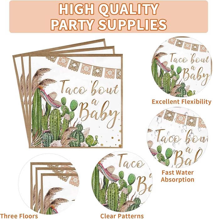 96Pcs Taco Bout a Party Decorations Taco Bout a Baby Plates and Napkins Tableware Sets Mexican Fiesta Party Decorations for Boys Girls Cactus Gender Reveal Birthday Supplies Serve 24