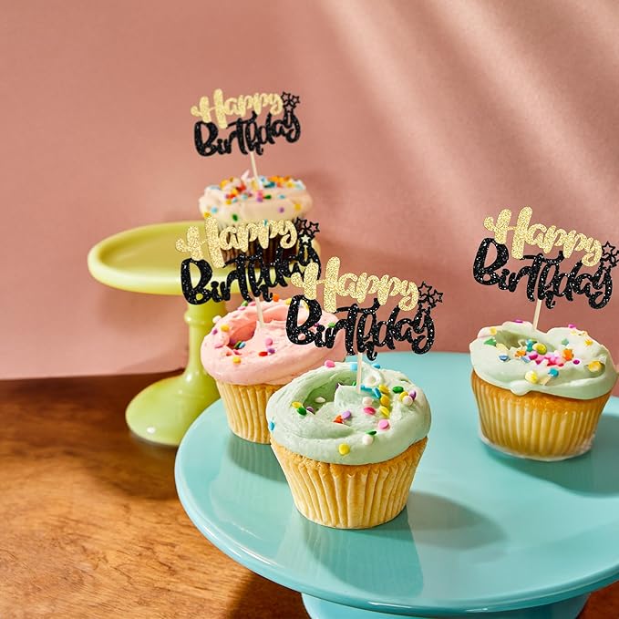 Ephlyn 24Pcs Happy Birthday Cupcake Toppers Double Layer Glitter Happy Birthday Cake Decorations for Celebrating Baby Shower Theme Kids Boys Girls Birthday Party Cake Decorations Supplies Black Gold